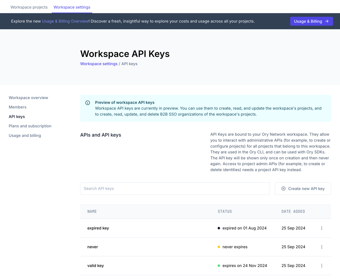 Configure workspace API keys in the Ory Console